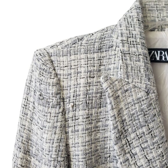 Zara Gray Tweed Double Breasted Blazer Womens XS Work Career Office Jacket - Picture 4 of 10